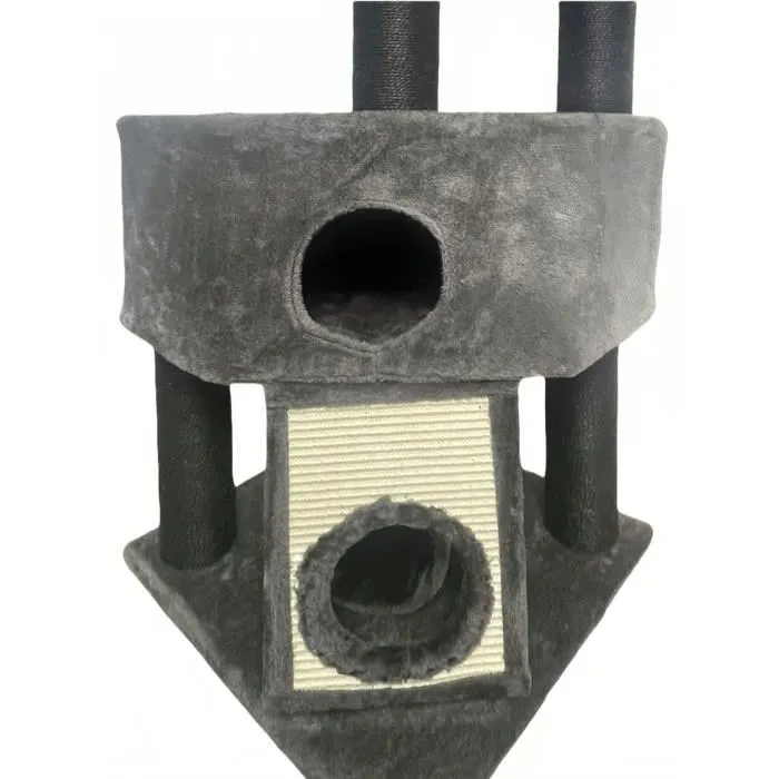 GUILY Rascador para gatos gris oscuro - 50 x 50 x 141 cm - 2 plataformas, 1 percha, 1 cabaña, 1 rampa, 1 túnel 3