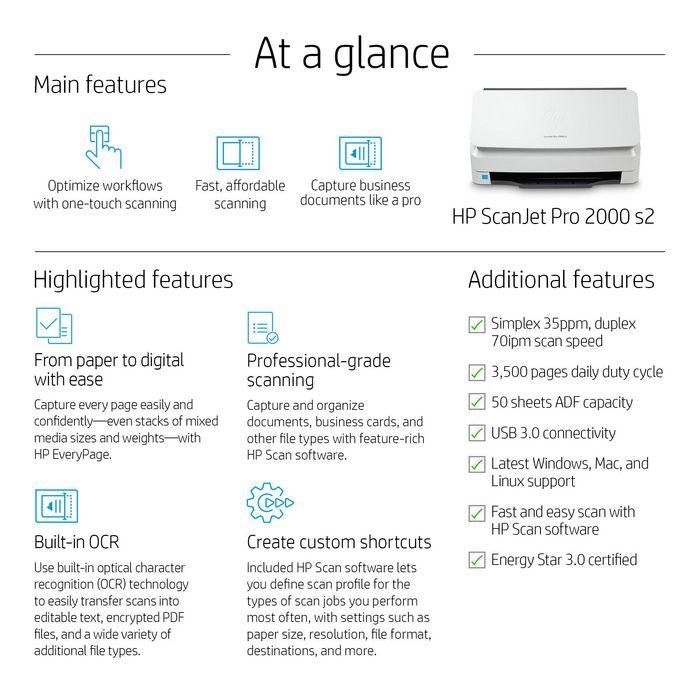 HP ScanJet Pro 2000 s2 Escáner de Alimentación de Hojas Dúplex Rápido ADF 50 Páginas Velocidad 35 ppm Uso Diario 3500 Pág. 3