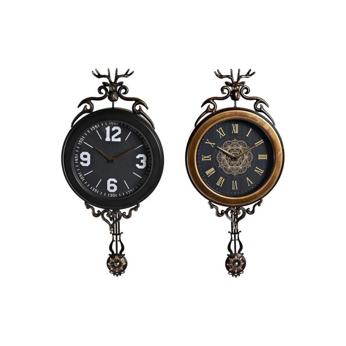 DKD Home Decor Reloj de Pared Neoclásico Dorado y Negro de Hierro y Cristal con Péndulo 7.5x57.5x27cm (2 Unidades) Pila AA