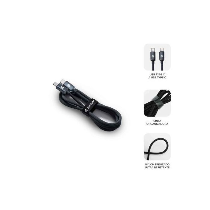 Subblim SUBCAB-C06001 Cable USB-C a USB-C Optimus Carga Rápida PD 60W 480Mbps Nylon Trenzado 1m Negro para iPhone Samsung MacBook 2