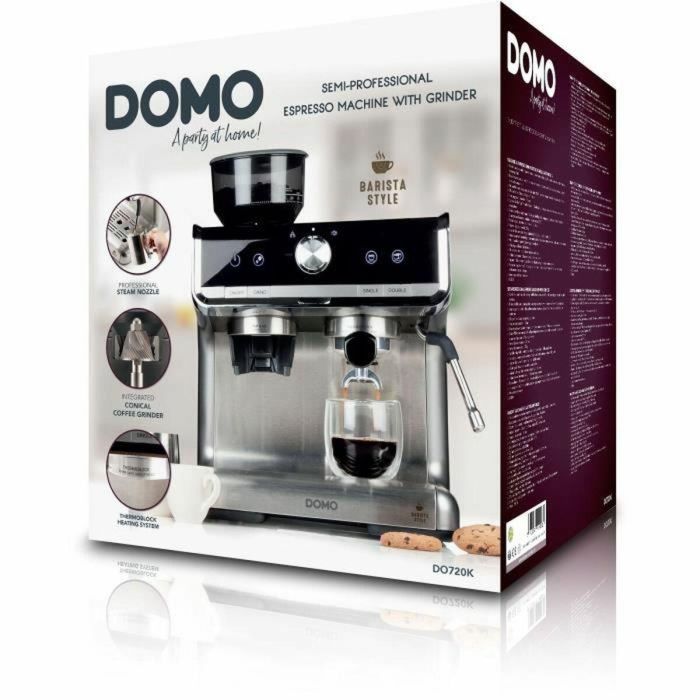 Domo DO720K Cafetera Espresso Semiprofesional con Molinillo Integrado, 1500W, 15 Bares, 1 o 2 Tazas, 30 Configuraciones 2