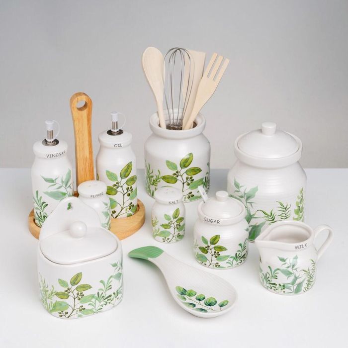 Set de Aceitera y Vinagrera GREENS Blanco Verde Madera Gres 210 ml 21 x 8,5 x 18 cm 4 Piezas 2