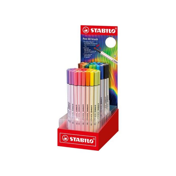 Stabilo Rotulador acuarelable Pen 68 Brush arty con punta de pincel, expositor de 80 unidades colores surtidos