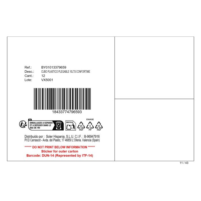 Confortime Cubo Plegable de Plástico 10 Litros 33x33x24.5 cm (12 Unidades) 12