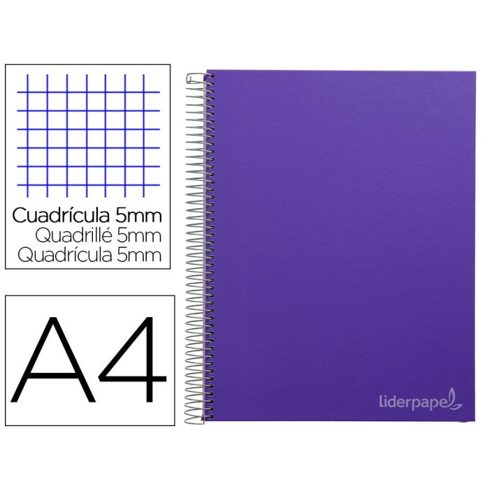 Cuaderno Espiral Liderpapel A4 Micro Jolly Tapa Forrada 140H 75 gr Cuadro 5 mm 5 Bandas 4 Taladros Color Lila