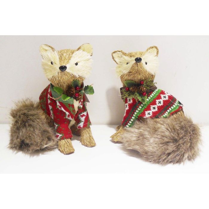 DKD Home Decor Figura Decorativa de Navidad con Diseño Alpino de Zorrito, Poliéster Marrón y Rojo, 18x21x16 cm (Pack de 2)