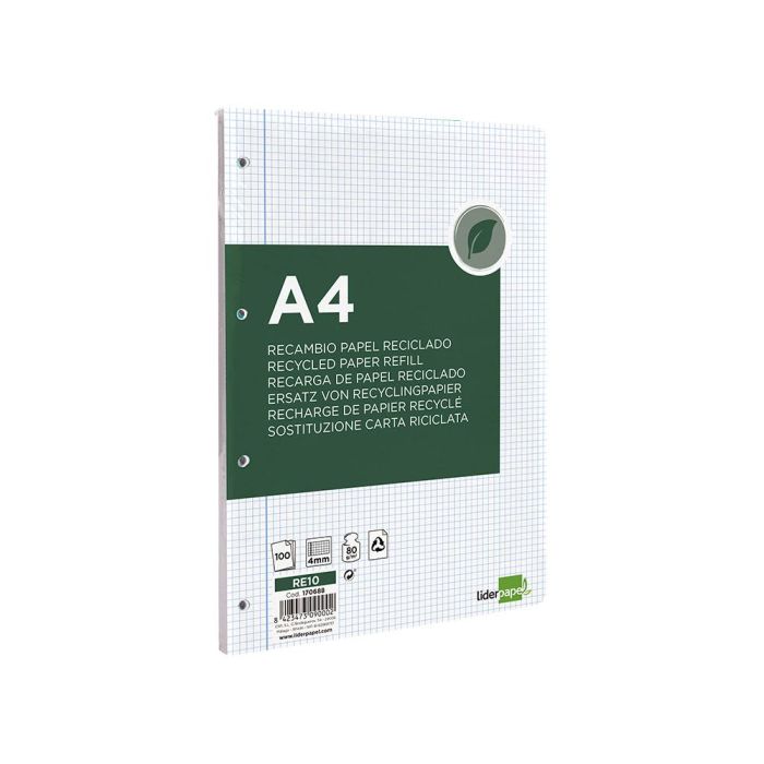 Recambio Liderpapel A4 100 Hojas Papel Reciclado 100% 80 gr-M2 Cuadro 4 mm Con Margen 4 Taladros 3