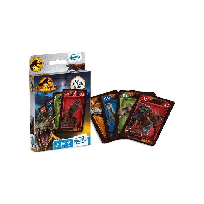 Shuffle 10028049 Juego de Cartas 4 en 1 Jurassic World, incluye Familias, Juego de Acción, Parejas y Snap. Edad recomendada +4 años, Español.