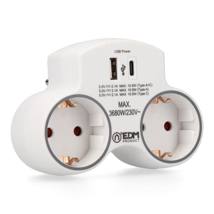 Adaptador 2 tomas 2p+t schuko con 2 usb (a + c), blanco 0 Adaptador 2 tomas 2p+t schuko con 2 usb (a + c), blanco 0