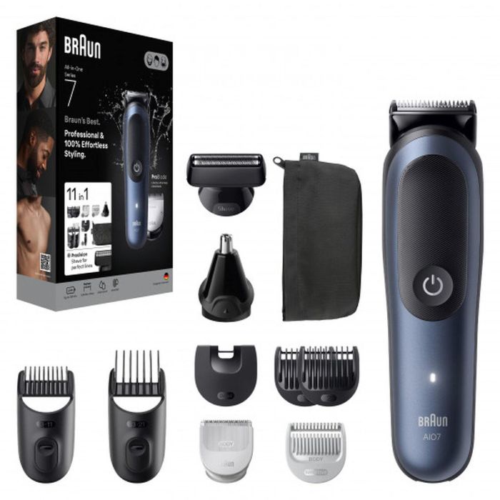 Braun Kit Todo en Uno Style AIO7540, Cortapelos y Afeitadora Corporal, 14 Ajustes, Autonomía 120 min, Azul Metálico Profundo, Recargable