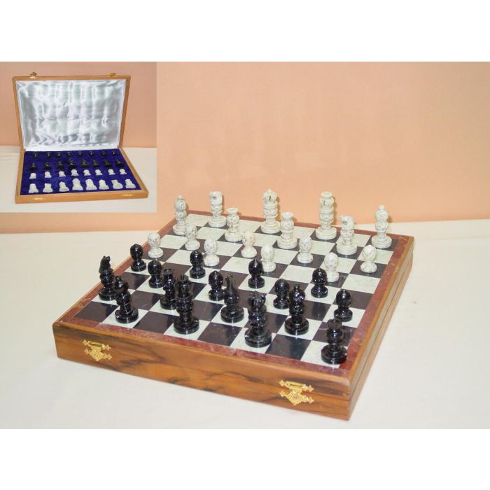 DKD Home Decor Juego de Ajedrez Estilo Colonial Madera Sheesham y Piedra Marrón Blanco Set de 2 piezas 30.5 x 30 x 4.5 cm