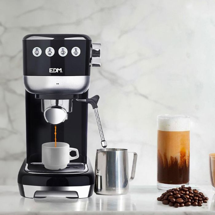 Edm Cafetera Espresso 20 Bares Depósito 1,3L Vaporizador Parada Automática Función Una y Dos Tazas Panel LED Acero Inoxidable Negro 4