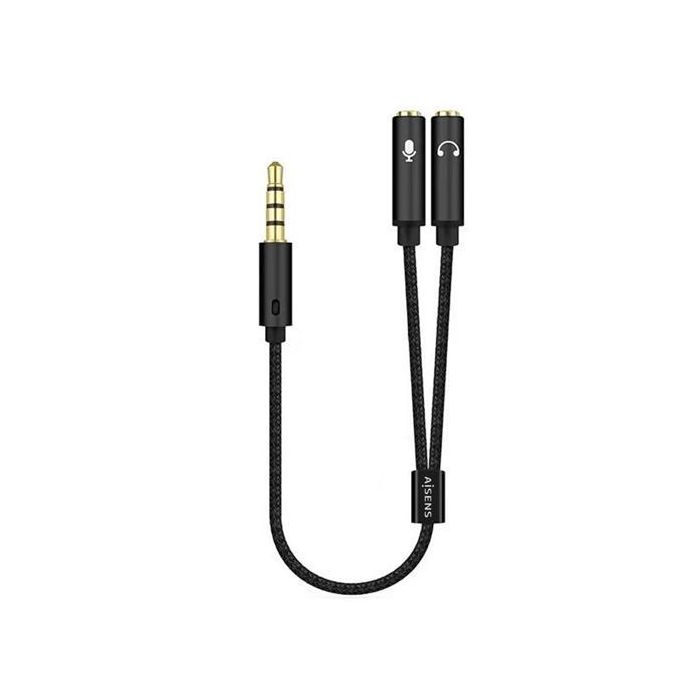 Aisens Cable Adaptador Audio Jack 3.5 4 Pines-M-2Xjack 3.5 3 Pines-H, Negro, 25 cm