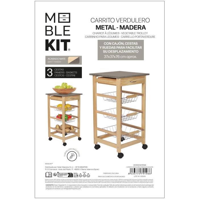 Inde Carrito Verdulero 3 Niveles C/Cajon 38 cm Ancho x 15 cm Alto x 72 cm Largo 3