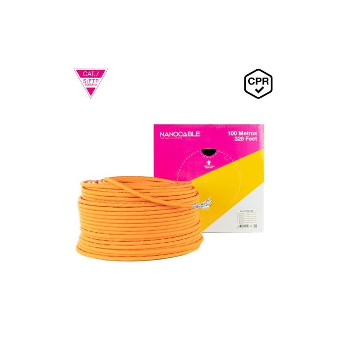 Nanocable Bobina Cable de Red CAT.7 LSZH SFTP PIMF AWG23, 10GBase-T, 600 MHz, PoE, 100 m, Naranja, Ref. 10.20.1700-100
