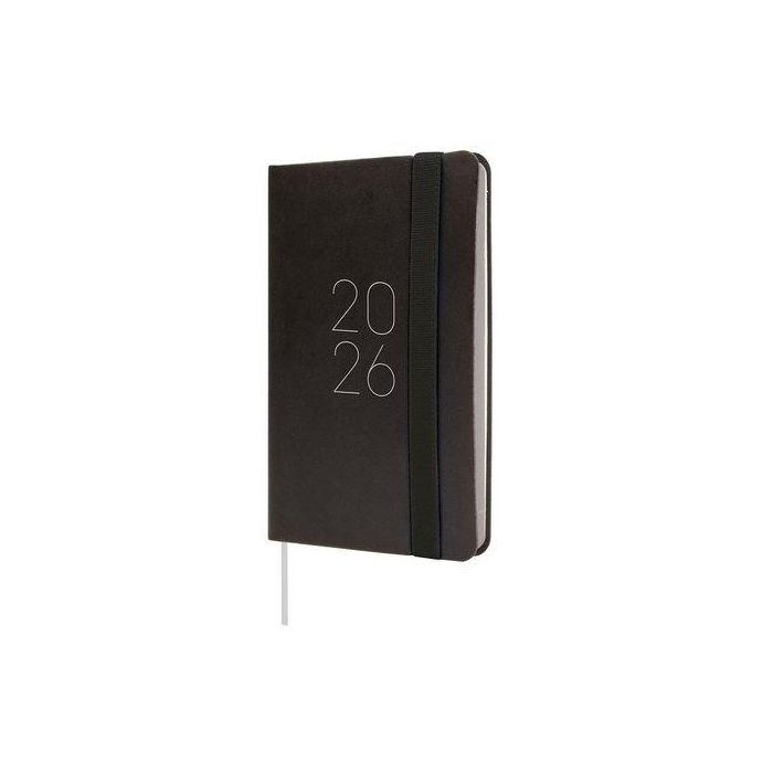 Finocam F2-82x127 mm Svh Agenda Flexi Lisa Tapa Blanda Negro 2026 con goma elástica y cinta punto, esquinas microperforadas