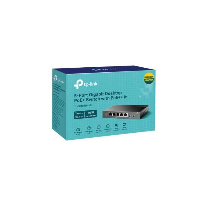 TP-LINK Switch Gigabit de Sobremesa de 5 Puertos con 1 Puerto Poe++ de Entrada y 4 Puertos Poe+ de Salida Puerto: 4× Puertos Gigabit Poe+ de Salida, 1× Puerto Gigabit Poe++ de Entrada Spec: Los Puertos de Salida Poe Soportan 802.3Af/At, El Puerto De 1