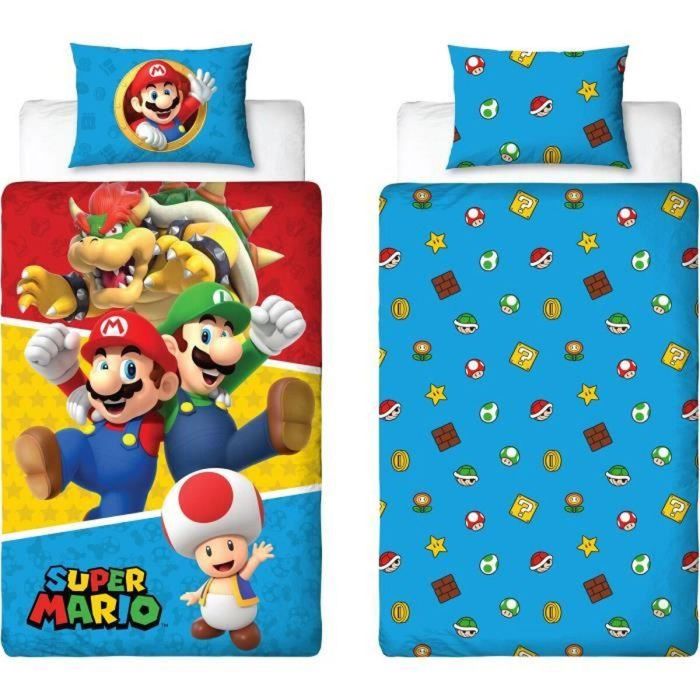 Mario Bros AAAUX56884 - Juego de Cama Reversible Mario y sus Amigos IV, Microfibra - Funda Nórdica 140x200 cm + Funda Almohada 63x63 cm