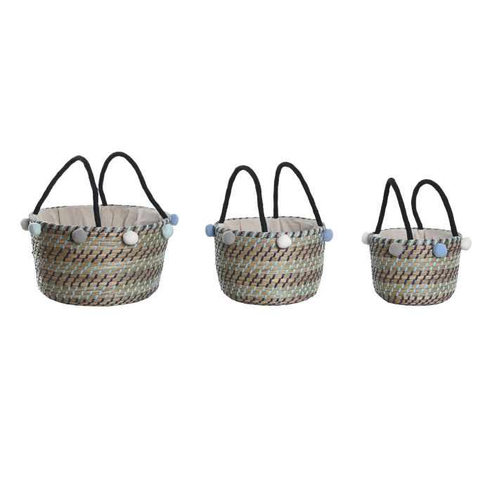DKD Home Decor Cesta Mediterráneo Set de 3 Piezas, 43x43x43 cm, Multicolor, 100% Seagrass, Hecha a Mano con Pompones