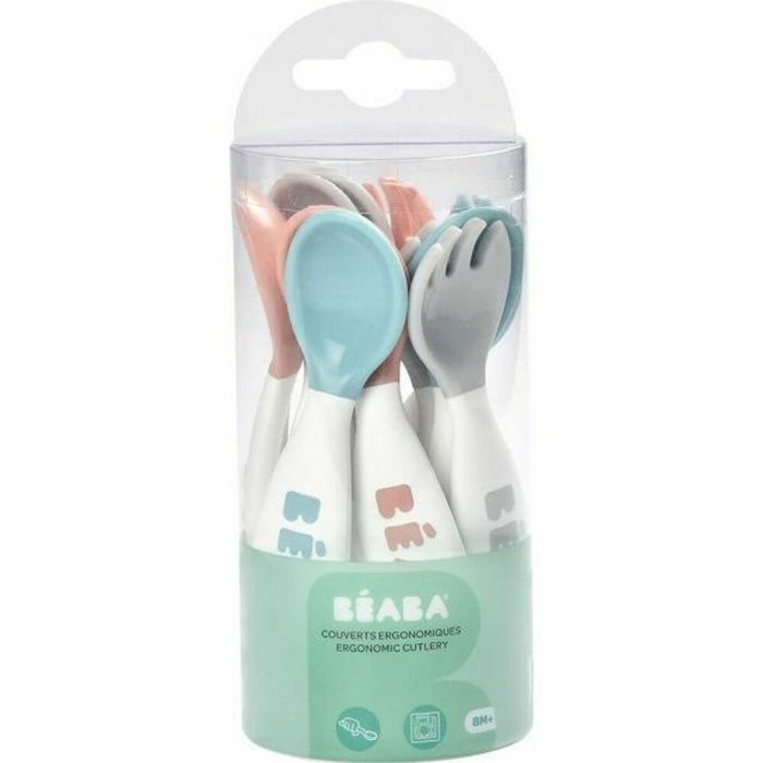 Beaba Set de 6 cucharas y 4 tenedores ergonómicos para bebé, aprendizaje 2ª edad, rosa antiguo, verde aireado, niebla ligera, apto lavavajillas