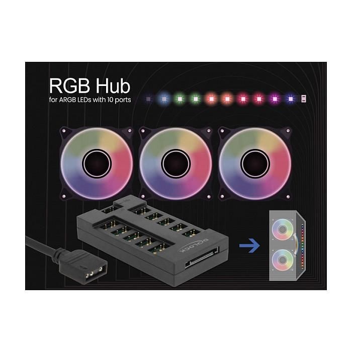 DELOCK Hub RGB para LEDs ARGB, 10 Puertos, Cable de 0.5 m, Negro, Plástico 2