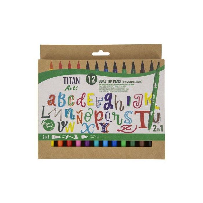 Titan Arts Rotuladores Doble Punta Fina-Pincel, Colores Surtidos, Estuche 12 Unidades