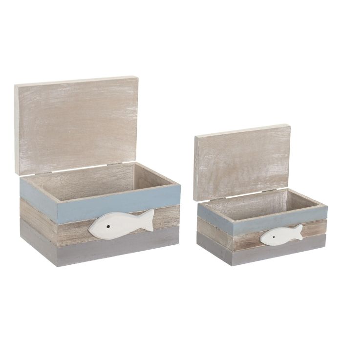 DKD Home Decor Caja Mediterraneo Azul Blanco Mdf Set de 2 13.5 x 10.5 x 18 cm