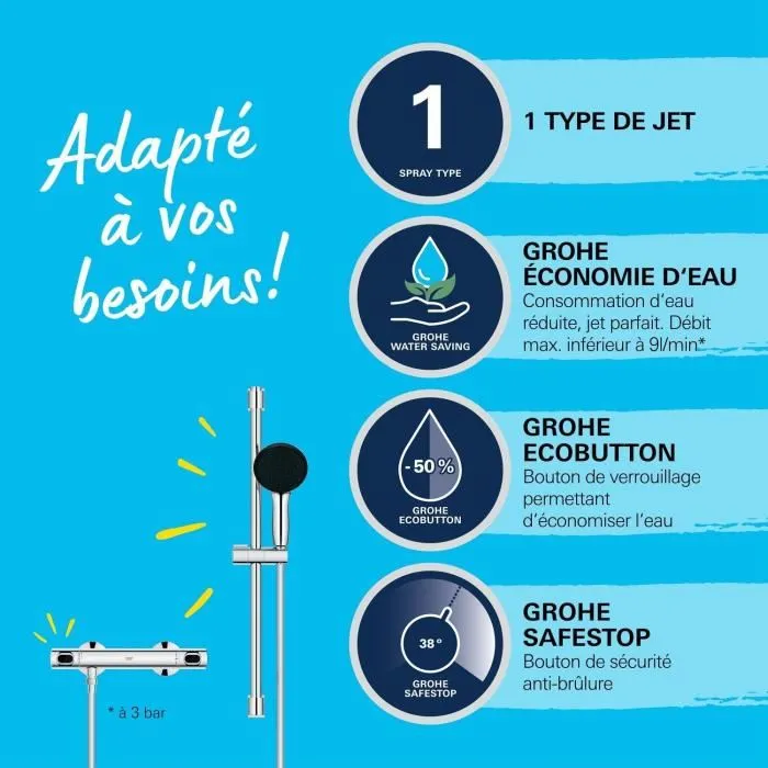 Grohe 34800001 Conjunto de Ducha con Mezclador Termostático, Rociador 1 Chorro, Barra 60cm, Flexo, Ahorro de Agua - Cromo 2