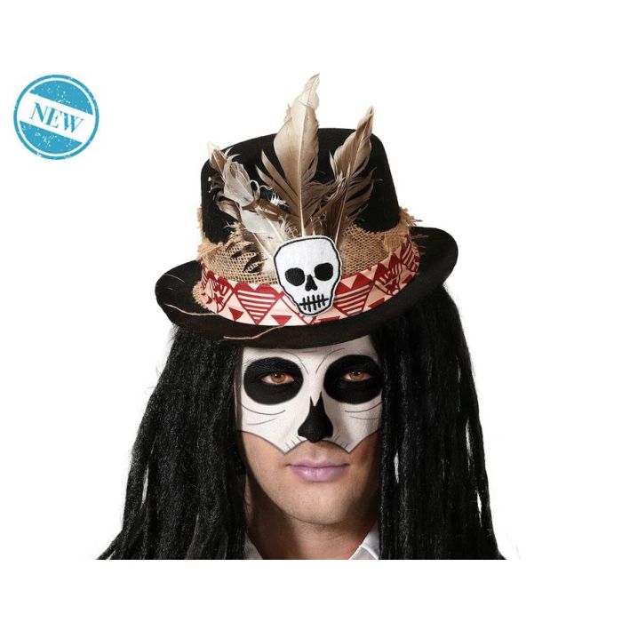 Sombrero Negro Con Calavera Y Plumas Para Catrina - Accesorio Día De Muertos, Halloween Y Eventos Temáticos Elegantes