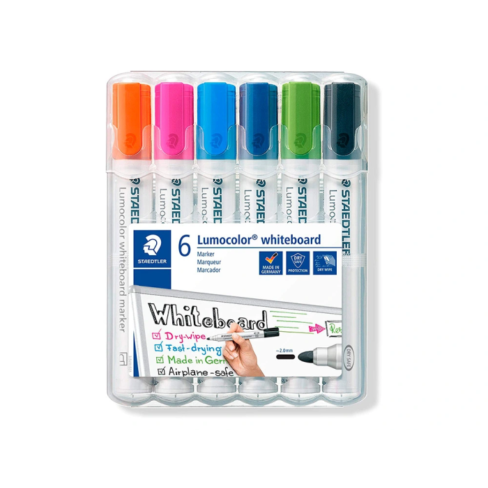 Staedtler Rotulador Lumocolor 351 para Pizarra Blanca Punta Redonda 2 mm Recargable Estuche 6 Unidades Colores 1