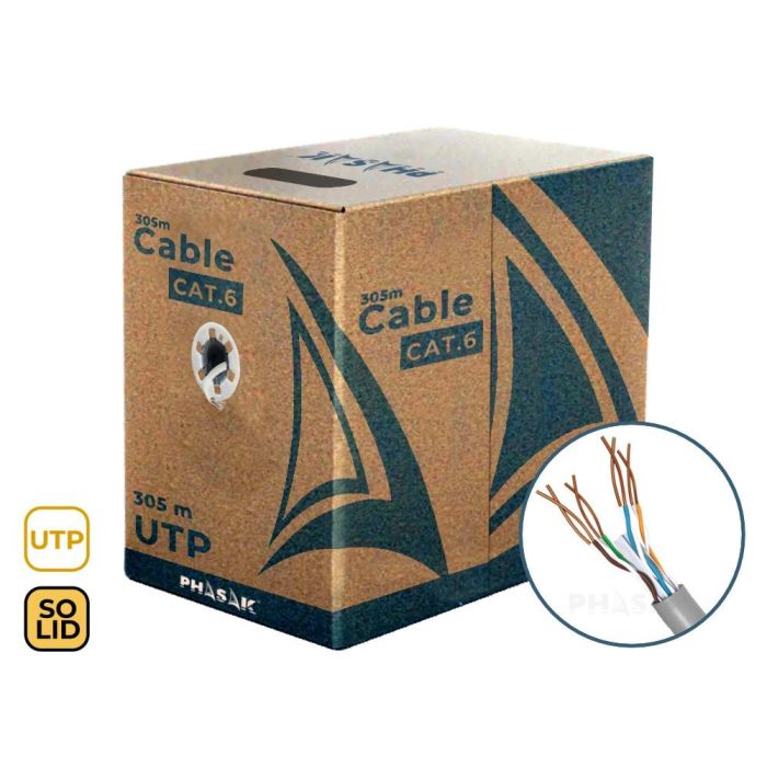 Phasak PHR 6302 Bobina Cable Red FTP/UTP Cat.6 CCA Sólido LSZH AWG23 Gris 305 Metros para Instalaciones Empresariales e Industriales