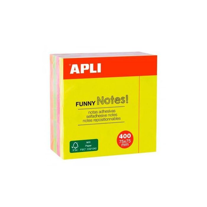 Apli Cubo De Notas Adhesivas Funny 75x75 mm Cubo De 400H Colores Fluorescentes Surtidos Apli Cubo De Notas Adhesivas Funny 75x75 mm Cubo De 400H Colores Fluorescentes Surtidos