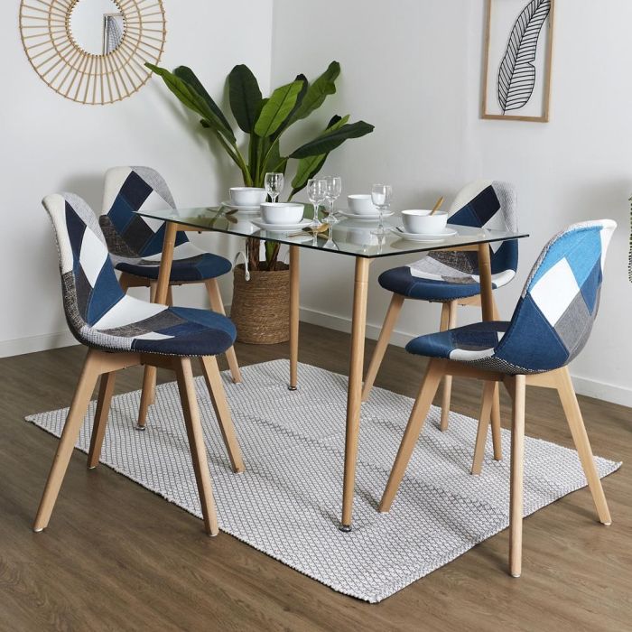 Home Deco Factory Silla Patchwork Azul-Gris Diseño Escandinavo Beech Tulipa, Patas de Madera y Asiento de Tela, 55.5x41 cm h.85 cm 6