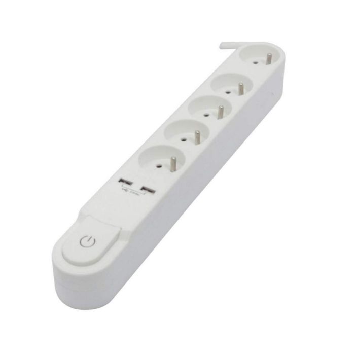 Chacon Regleta 5 enchufes 16A 3500W 230V con 2 USB 2A, interruptor de pie, cable 3m negro, seguridad niños
