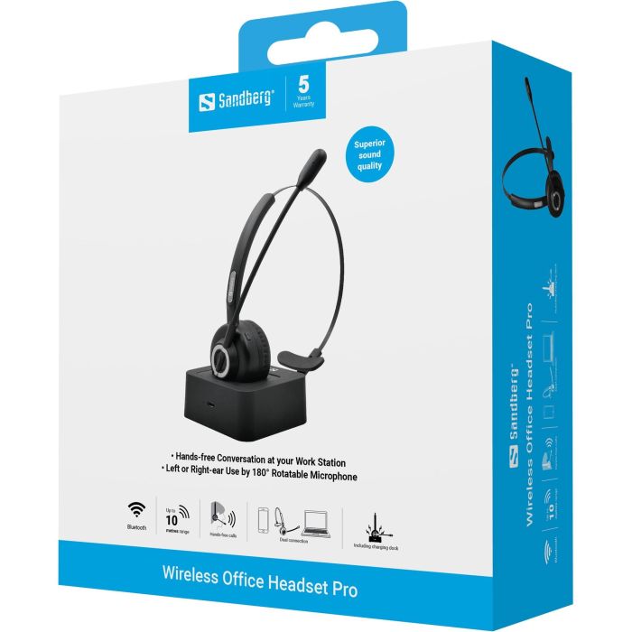 Sandberg Wireless Office Headset Pro Auriculares Inalámbricos Bluetooth con Micrófono y Base de Carga Magnética 2