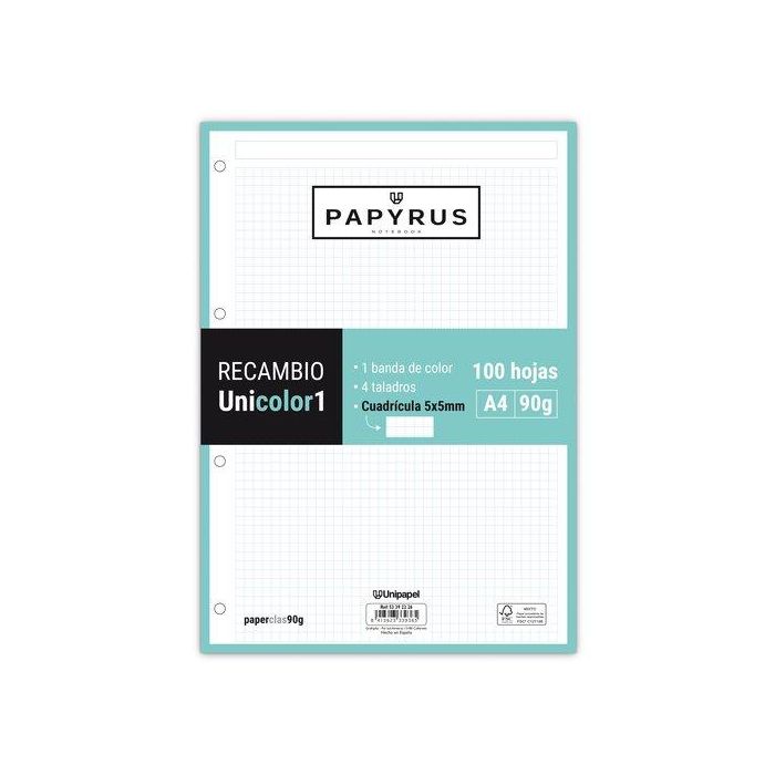 Recambio Papyrus Unicolor1 A4 100H 90G 4 Taladros Cuad.5X5 Mint (Set de 24)