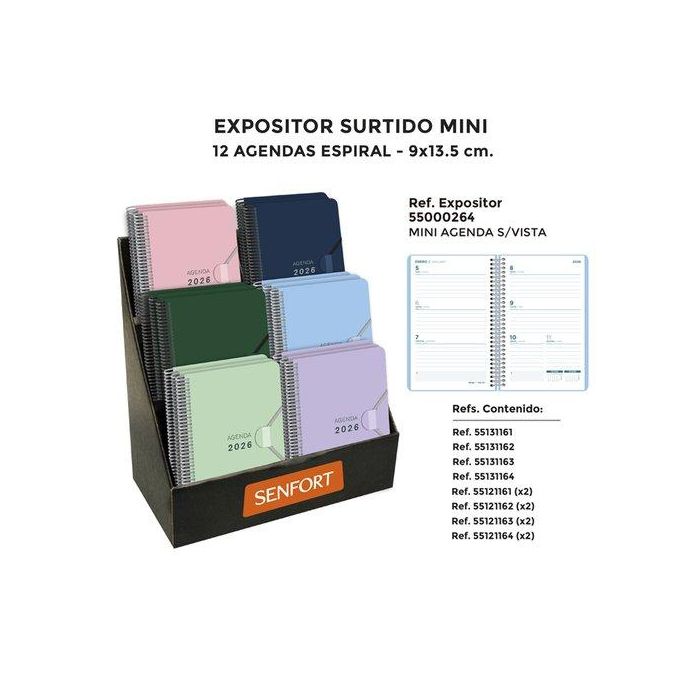 Agenda Anual (2026) Senfort Mini Espiral S/V 90X135 Surtido Expositor De 12