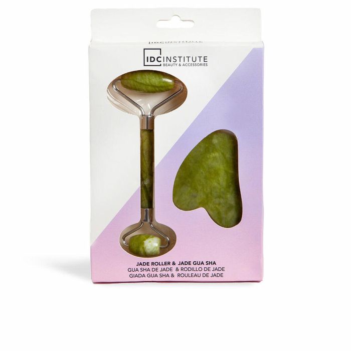 IDC INSTITUTE Set de Masaje Facial Gua Sha de Jade y Rodillo de Jade 2 pz para Drenaje Linfático, Circulación y Cuidado Antiedad Rostro