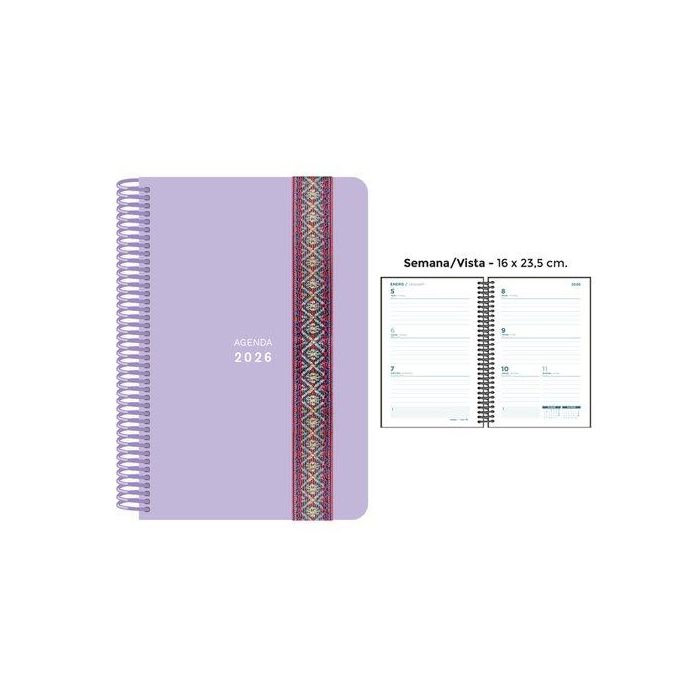 Agenda Anual (2026) Senfort Pastel Espiral Tapa Pp Con Goma Decorada 160X235 S/V Lila