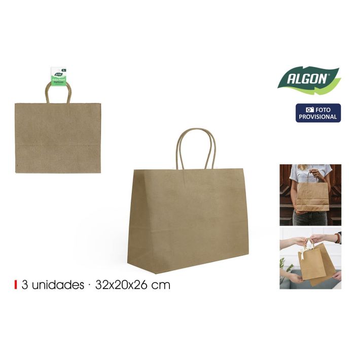 Set de 3 bolsas de papel Kraft 32x20x26 cm Algon (24 Unidades) Set de 3 bolsas de papel Kraft 32x20x26 cm Algon (24 Unidades)