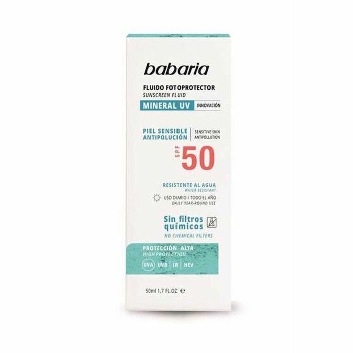 Babaria Protector Solar Facial Fluido Mineral SPF 50 Amplio Espectro UVA UVB IR HEV Anti-polución Piel Sensible y Resistente al Agua 50 ml
