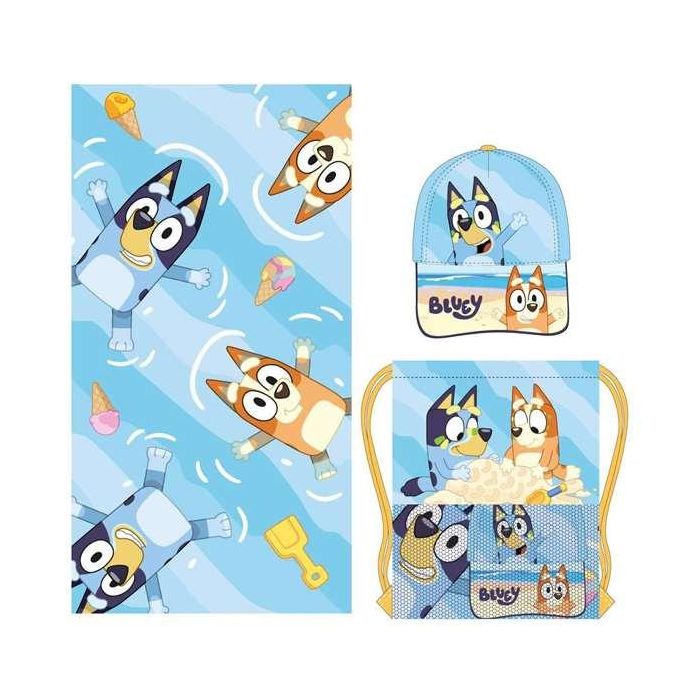 Cerdá Saquito infantil Bluey con toalla y gorra, Edad 3+ años, Color Azul, 33x27x7 cm