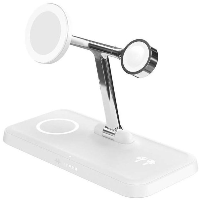 HYPER HJ3004WHGL Cargador Inalámbrico de Carga Rápida para Smartphone, Reloj Inteligente y Auriculares, USB-C, Interior, Plata/Blanco