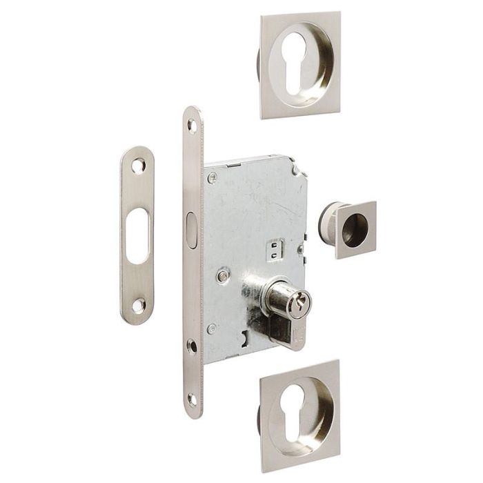 BYP Kit Cerradura para Puerta Corredera con Medidas 55x55, Acabado Níquel Satinado y Cilindro de Seguridad Niquelado 20-20