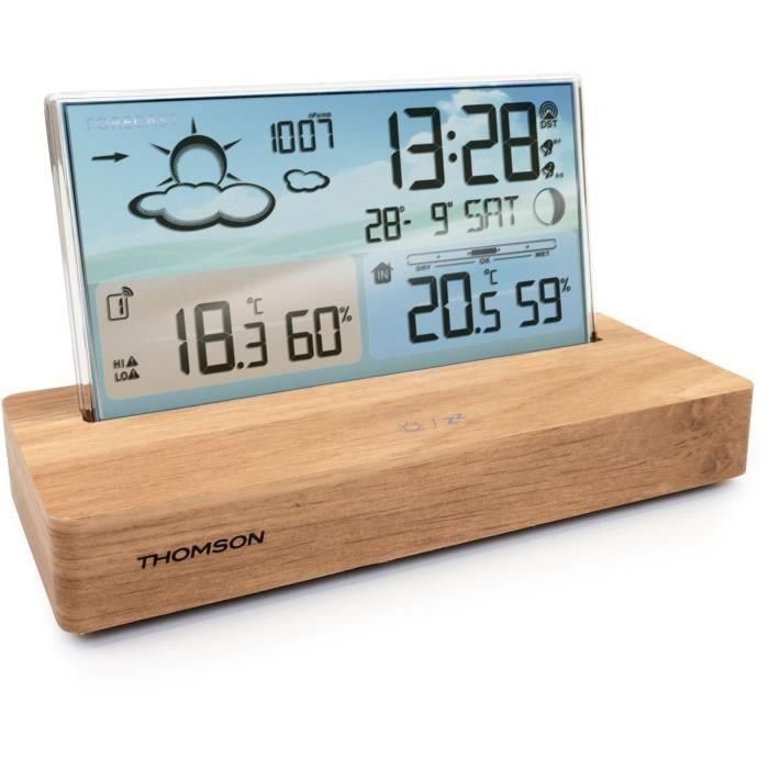 Thomson THO3499550389203 Reloj Despertador Estación Meteorológica con Visualizador Temperatura, Higrometría, Alarma Dual, USB-C, Sonda Inalámbrica, Madera Clara 1