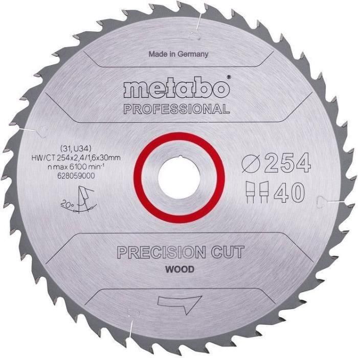Metabo MET1685401309711 Hoja de Sierra Circular Profesional Precision Cut Wood HW/CT 254x30 mm, 40 Dientes WZ 20° Metabo MET1685401309711 Hoja de Sierra Circular Profesional Precision Cut Wood HW/CT 254x30 mm, 40 Dientes WZ 20°