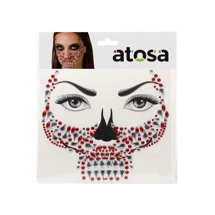 Joyas Faciales Adhesivas Calavera en Rojo y Plata para Disfraces de Demonio, Vampiro, Catrina o Halloween 1