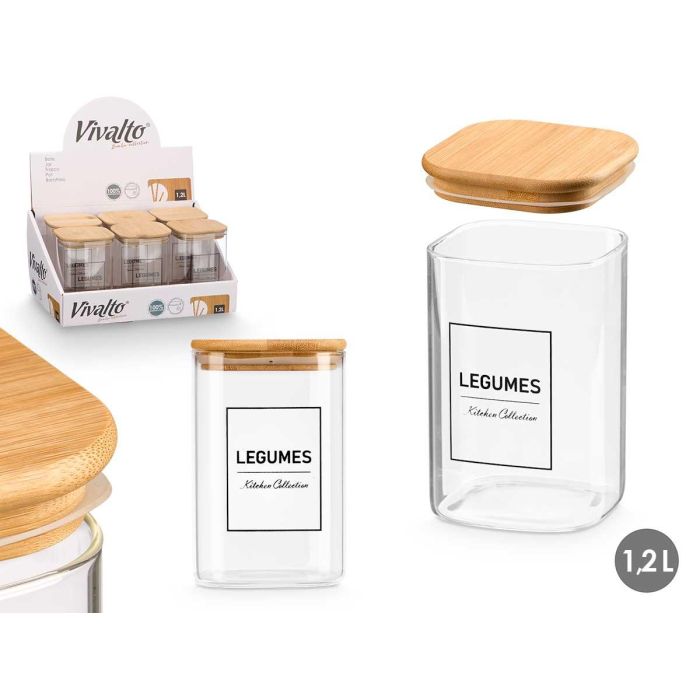 Bote Cuadrado Borosilicato Tapa Bambu Legumes 1,2L Vivalto 10X15CM (12 Unidades) Bote Cuadrado Borosilicato Tapa Bambu Legumes 1,2L Vivalto 10X15CM (12 Unidades)