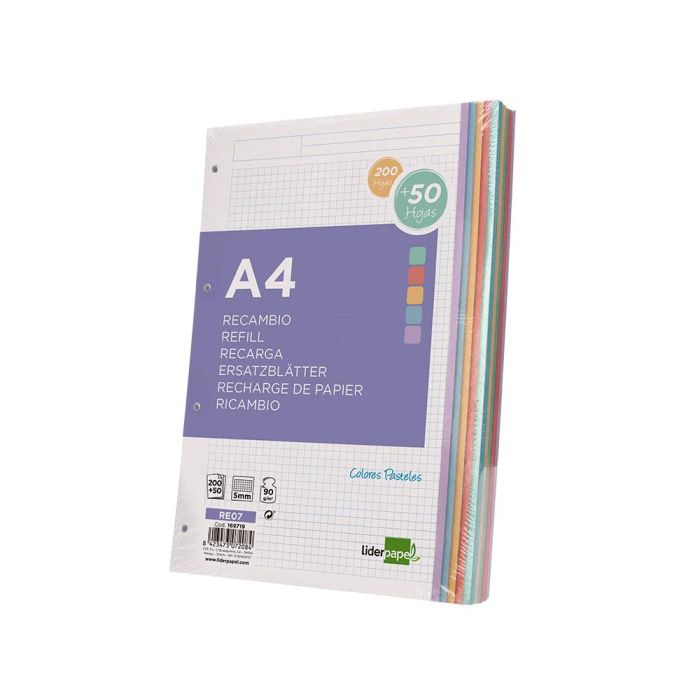 Recambio Liderpapel A4 200+50 Hojas 90 gr-M2 Cuadro 5 mm 4 Taladros Bandas De 5 Colores 2