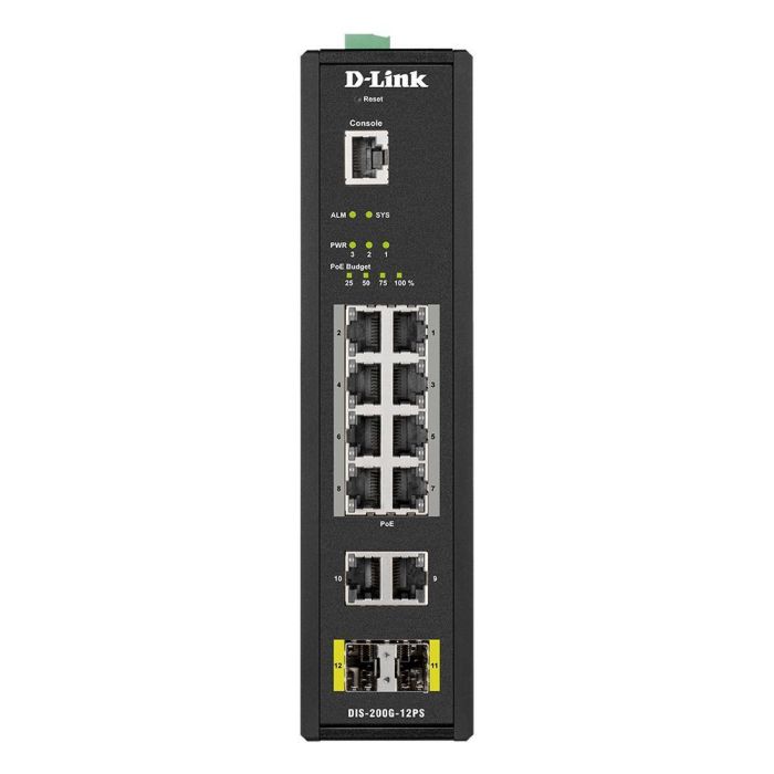 D-Link Switch Industrial 200 gr - 12Ps 12 Puertos Gestionado, 10 Puertos Gigabit Ethernet, 2 Puertos SFP, PoE 240W, Montaje en Rack y Carril DIN, Rango de Temperatura -40 a 65°C 2